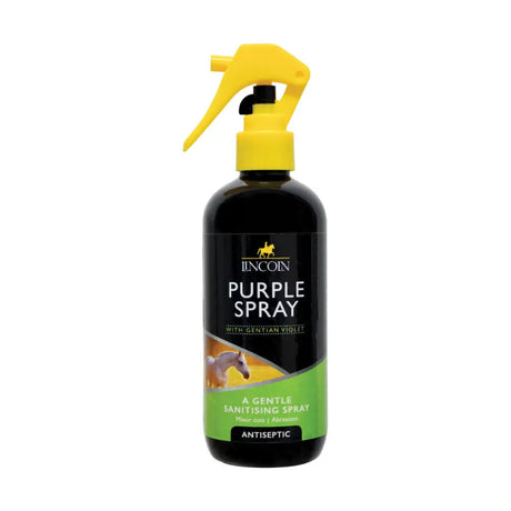 Black plastic bottle of lincoln purple spray with bright yellow nozzle and green label accents for anti-fungal use