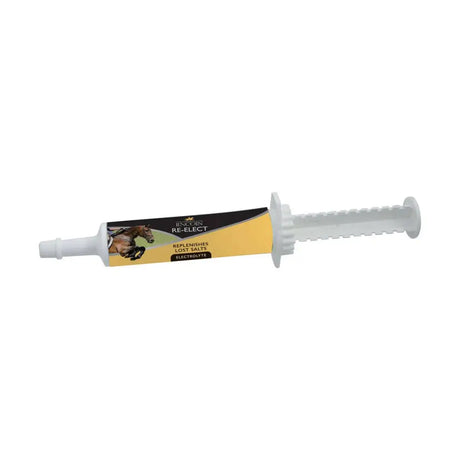 White plastic syringe tube of lincoln re-elect concentrated electrolyte paste with yellow black label and horse image for horse electrolytes