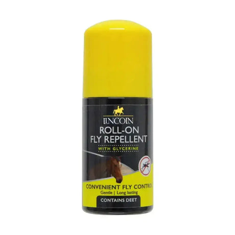 Yellow capped lincoln roll-on fly repellent with black and yellow label featuring horse imagery effective fly repellents
