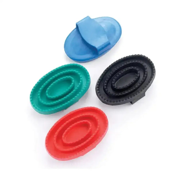 Set of four colorful lincoln rubber curry combs in blue green red and black oval-shaped plastic horse brushes