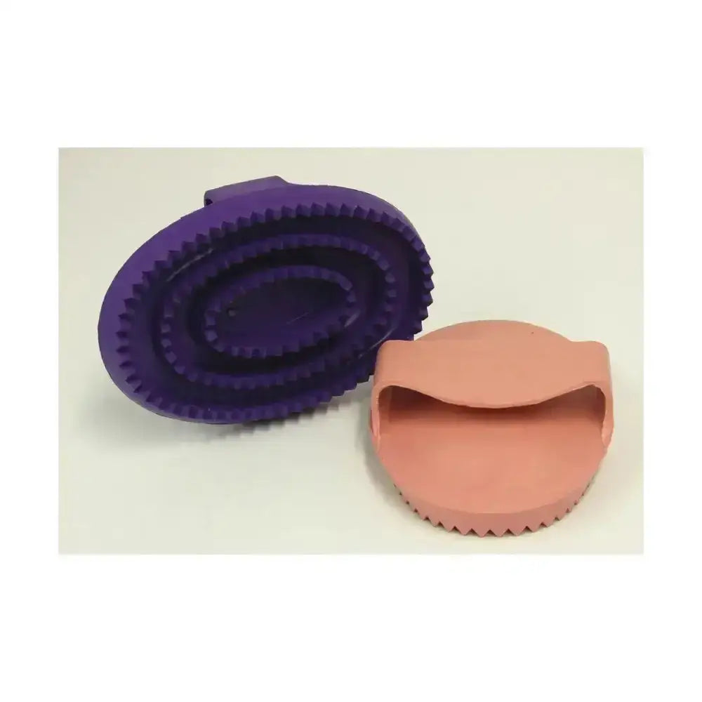 Lincoln rubber curry comb horse grooming brushes in purple and peach made of flexible rubber with rounded bristles