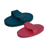 Two lincoln rubber curry combs in deep teal and vibrant pink with flexible bristles and contoured handles for grooming horses