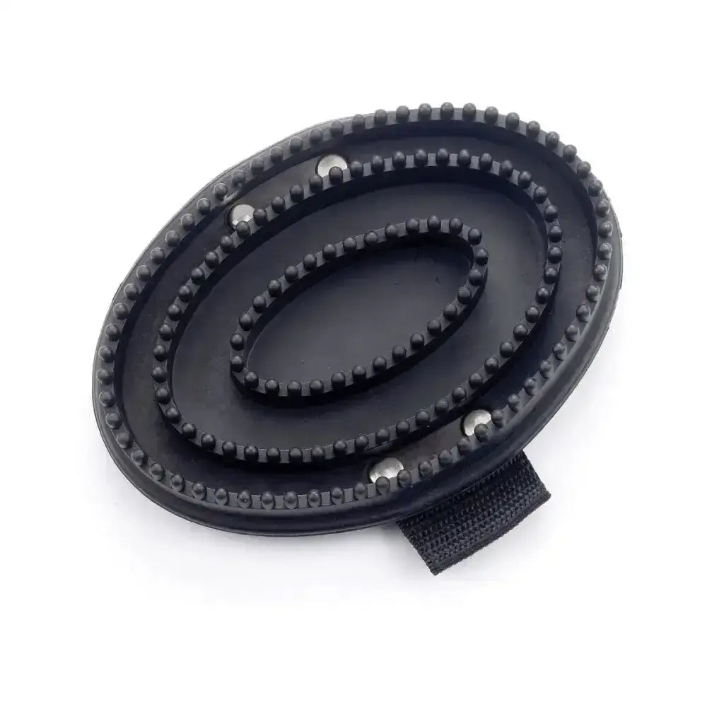 Black oval lincoln rubber curry comb with three rows of rounded bristles and fabric strap for easy handling