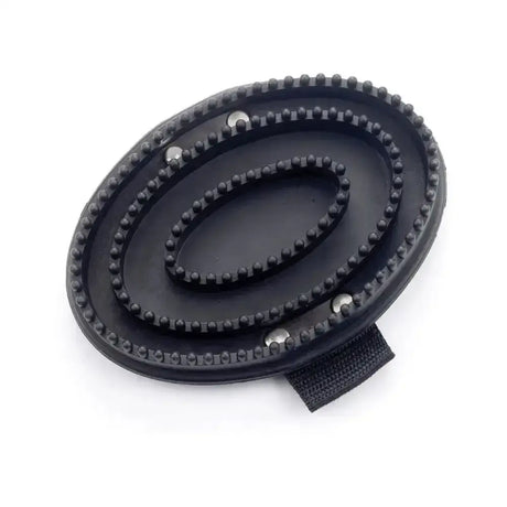 Black oval lincoln rubber curry comb with three rows of rounded bristles and fabric strap for easy handling