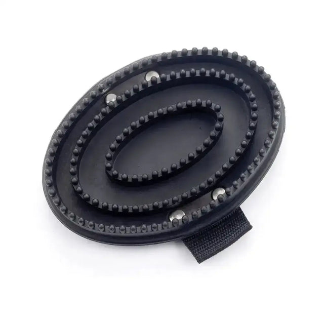 Black oval lincoln rubber curry comb with three rows of rounded bristles and fabric strap for easy handling