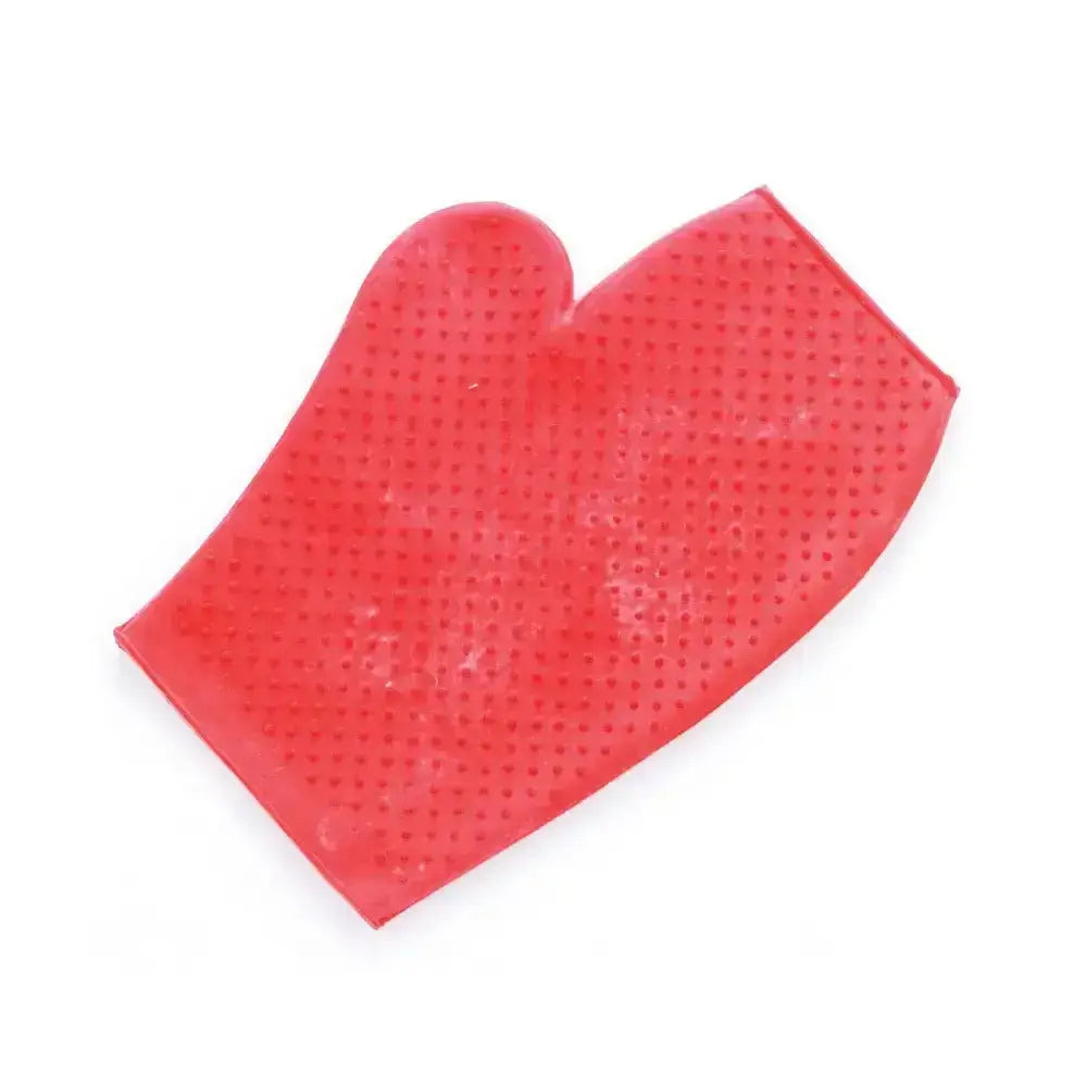 Red lincoln rubber grooming mitt made of silicone with perforated texture for effective rubber grooming aid