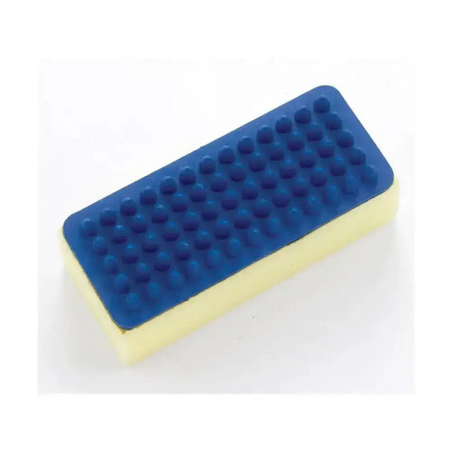 Blue and yellow lincoln rubber sponge curry comb with textured raised dot pattern on blue side for easy scrubbing