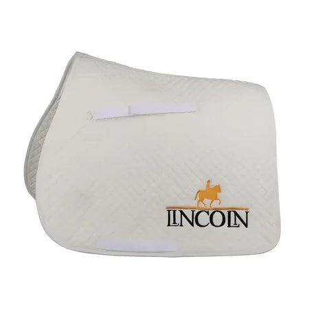 White quilted lincoln saddle cloth with embroidered lincoln logo and orange rider emblem for riding use