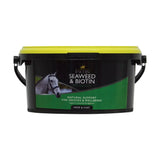 Black and yellow plastic bucket with green label showing lincoln seaweed biotin horse hoof supplements product