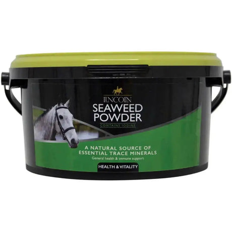Black and lime green plastic bucket with lid labeled lincoln seaweed powder for horse hoof supplements and micro nutrients