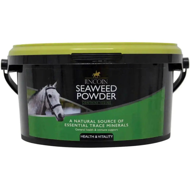 Black and lime green plastic bucket with lid labeled lincoln seaweed powder for horse hoof supplements and micro nutrients