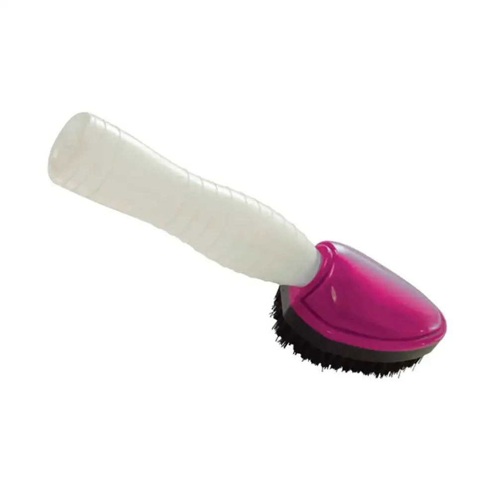 Lincoln shampoo brush with vibrant pink and white plastic handle and dense black bristles helps lather shampoo ideal for pets