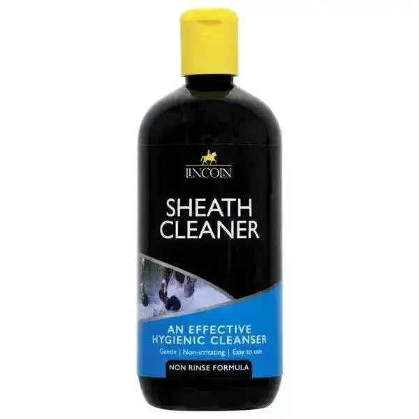 Black plastic bottle with yellow cap and blue label lincoln sheath cleaner for horse grooming and sheath cleanser use