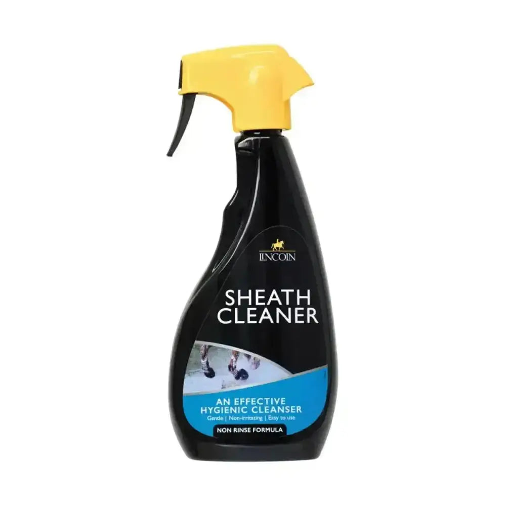 Black plastic lincoln sheath cleaner spray bottle with bright yellow trigger nozzle for horse grooming sheath cleanser