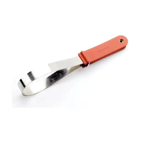 Orange-handled stainless steel lincoln shedding blade with serrated blade for removing loose hair on horses