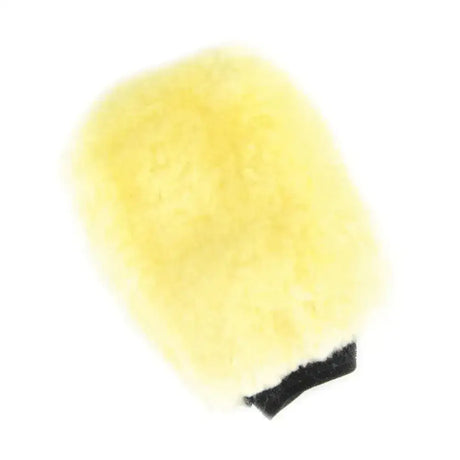Yellow lincoln sheepskin grooming mitt with black rubberized wrist grip for a soft luxurious sheepskin grooming mitt experience