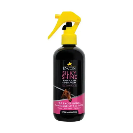Black bottle of lincoln silky shine hair polish and detangler with bright yellow spray nozzle and pink labeling for superior hair polish