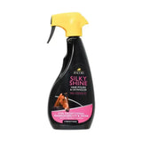 Black plastic spray bottle with bright yellow nozzle labeled lincoln silky shine hair polish and detangler for superior hair polish