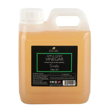 A 1 litre jug of lincoln simply apple cider vinegar with white plastic handle and cap containing amber liquid