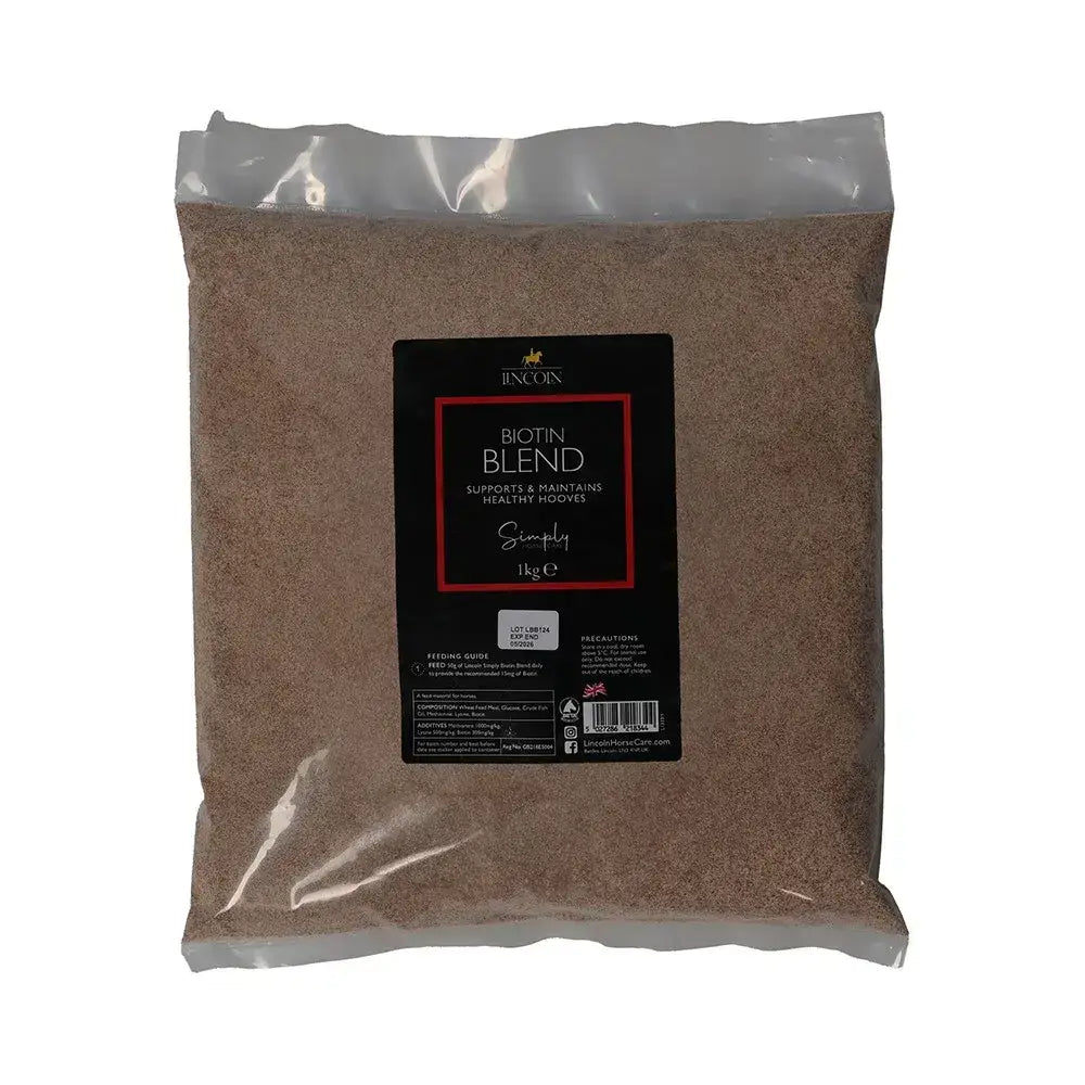 A 1kg bag of lincoln simply biotin blend brown powder supplement in clear plastic packaging with black red white label
