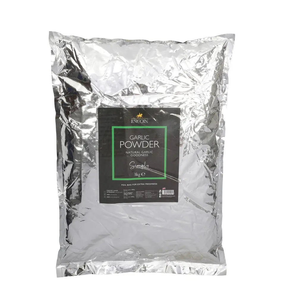 A 3kg bag of lincoln simply garlic powder in shiny silver foil packaging with a black and green label for respiratory health