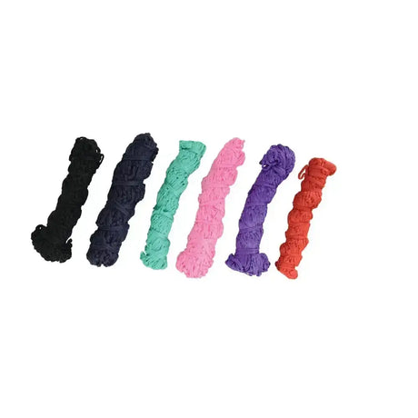 Six neatly coiled textured fabric cords in black navy blue teal pink purple and orange for lincoln small holed hay net