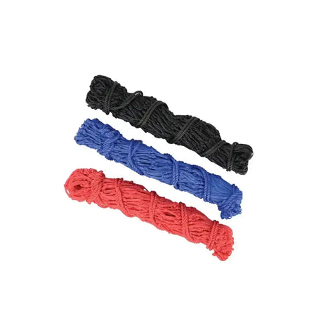 Three colorful nylon ropes black blue and red for lincoln small holed mesh hay net on plain white background