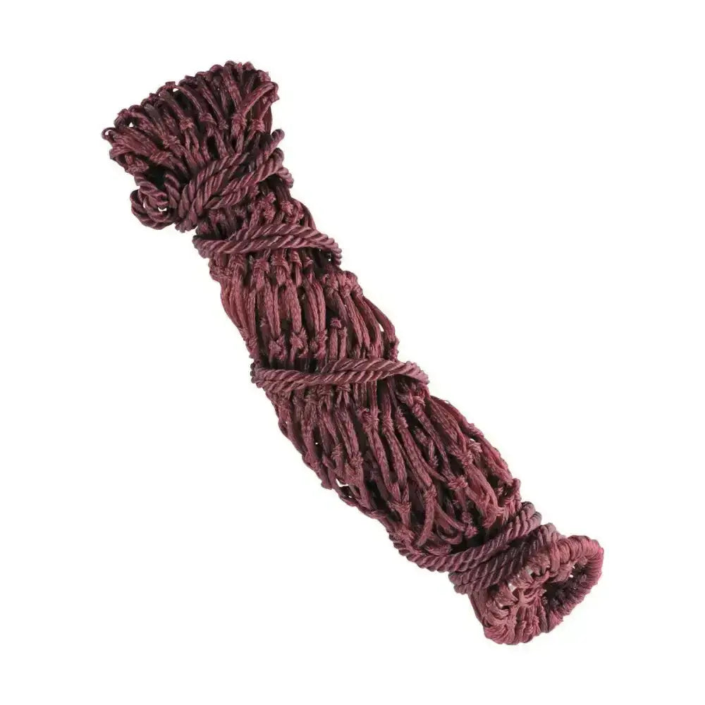 Maroon braided rope tightly coiled with matching knots on the lincoln small mesh small mesh hay net made from polypropylene