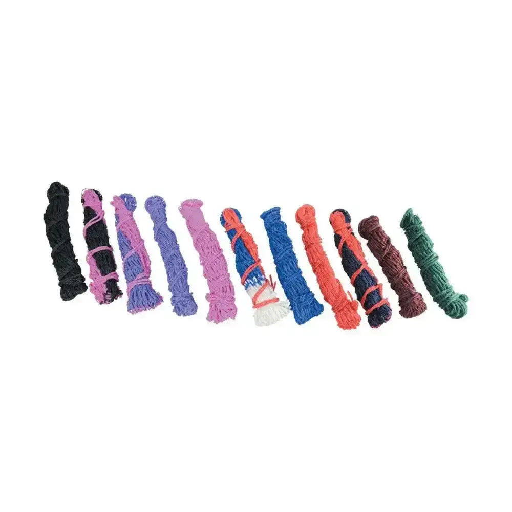 A lincoln small mesh hay net made of small mesh polypropylene showing colorful tightly wound yarn skeins