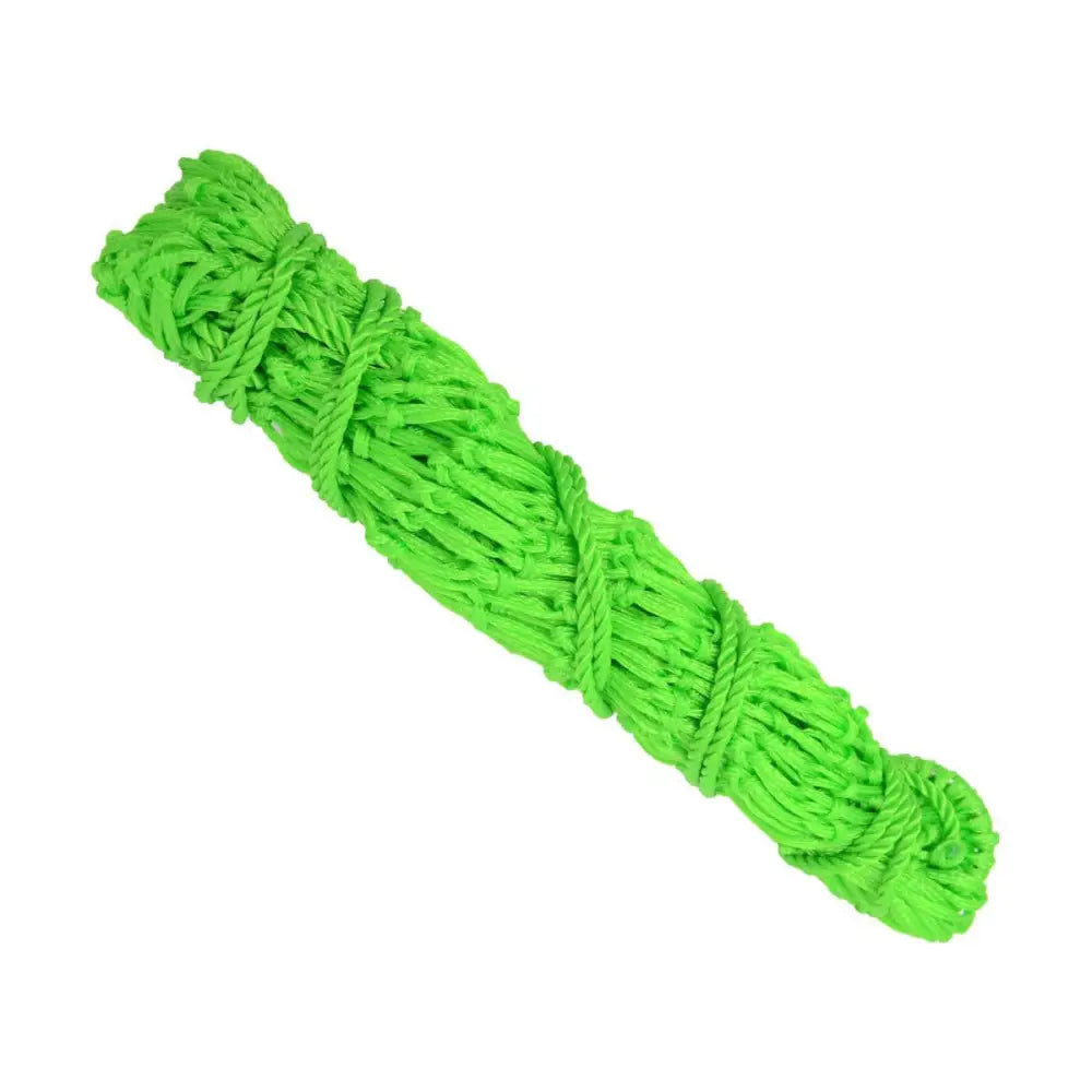 Bright neon green braided rope coiled tight as part of lincoln small mesh small mesh hay net made from small mesh polypropylene