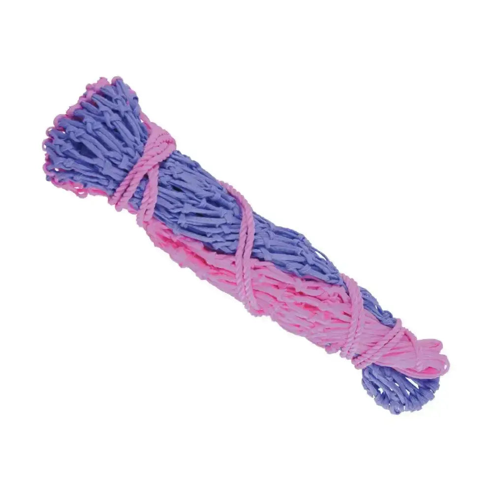 A lincoln small mesh hay net made of small mesh polypropylene in pink and lavender bundled with matching rope