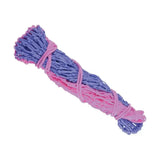 A lincoln small mesh hay net made of small mesh polypropylene in pink and lavender bundled with matching rope