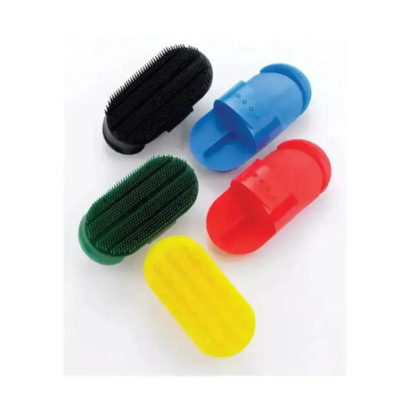 Set of five colorful plastic curry combs in black blue green red and yellow by lincoln small plastic