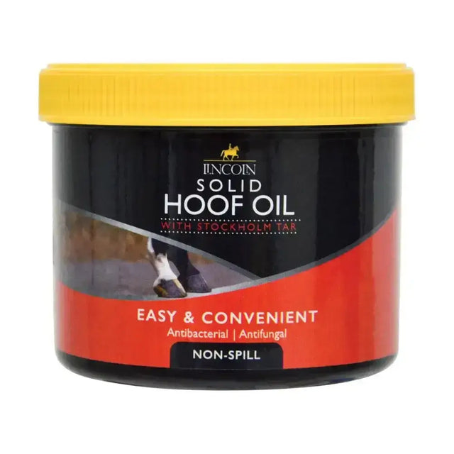 Black and red lincoln solid hoof oil container with bright yellow lid for original lincoln classic hoof oil care
