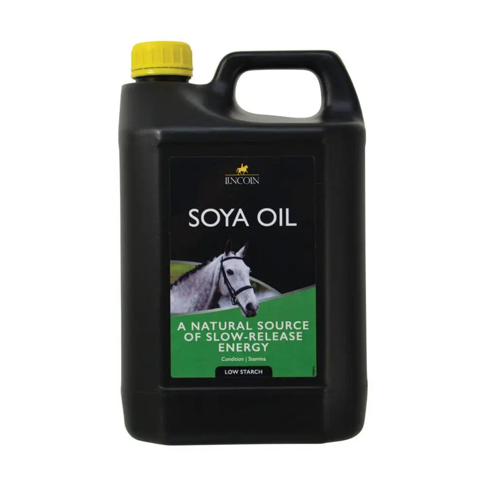 Black plastic jug with yellow cap labeled lincoln soya oil natural source horse vitamins for healthy horses