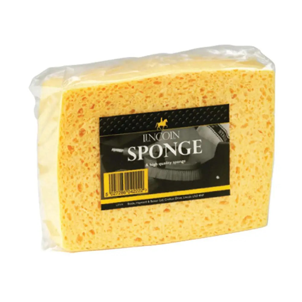 Yellow lincoln sponge with textured porous surface and black label ideal for tack sponges and horse grooming combs