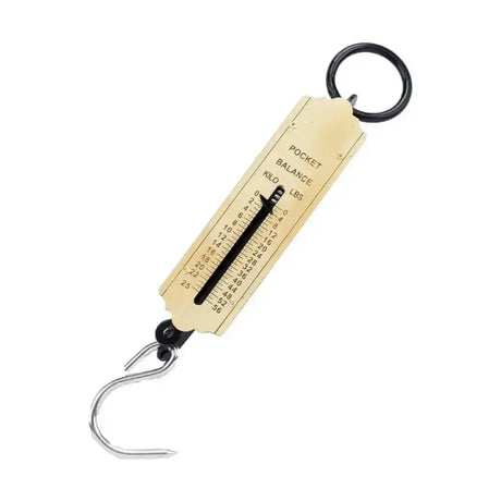 Beige metal lincoln spring balance with black markings and steel wire hook ideal for animal feed scales use