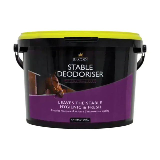 Black plastic bucket with bright yellow lid and purple label of lincoln stable deodoriser deodorising powder