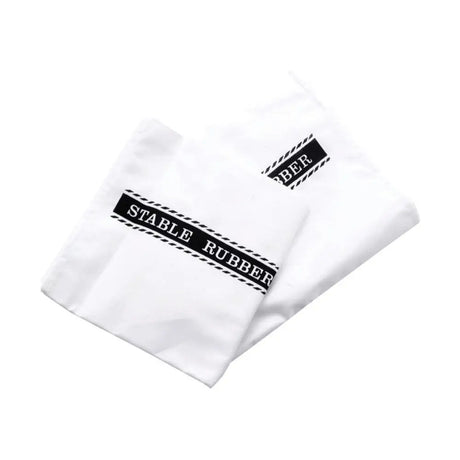 White fabric pouch with black stable rubber text on striped banner for lincoln stable rubber quality stable rubber horse grooming
