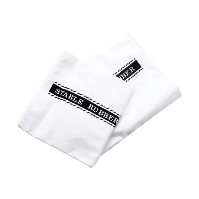 White fabric pouch with black stable rubber text on striped banner for lincoln stable rubber quality stable rubber horse grooming