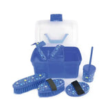 Blue lincoln star pattern grooming kit with brushes, curry comb, and matching star pattern storage case