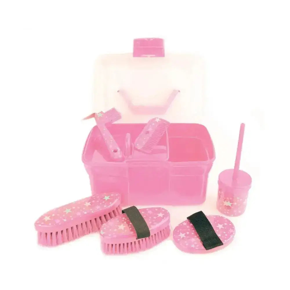 Pink plastic lincoln star pattern grooming kit with star patterned brushes and matching storage case for horses