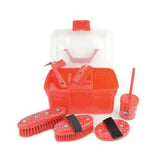 Red plastic horse grooming kit with lincoln star pattern brushes and matching storage case for stylish grooming