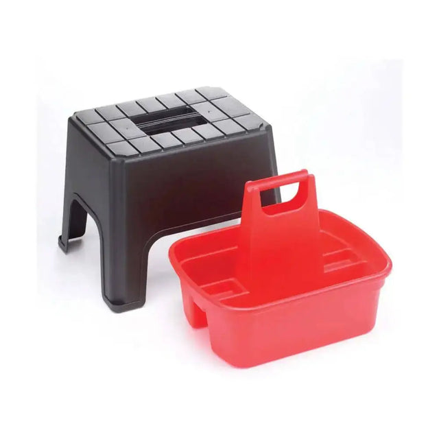 Black and red lincoln step plastic utility grooming steps with handle for easy carrying and horse tack boxes use