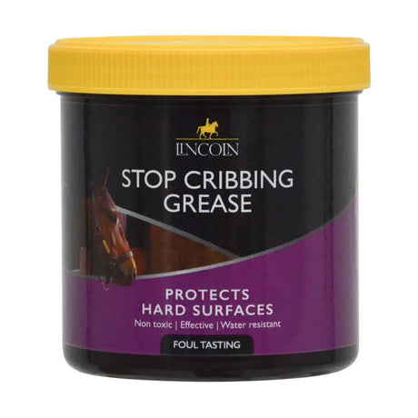 Lincoln stop cribbing stop cribbing grease in a black and purple jar with a yellow lid for deterring crib-biting