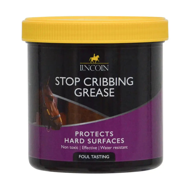 Lincoln stop cribbing stop cribbing grease in a black and purple jar with a yellow lid for deterring crib-biting