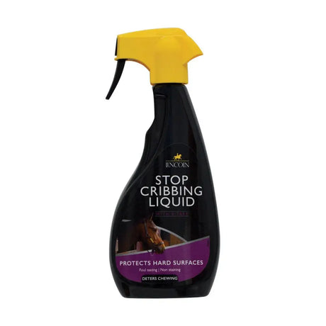 Black spray bottle with bright yellow nozzle labeled lincoln stop cribbing liquid to stop cribbing and crib biting
