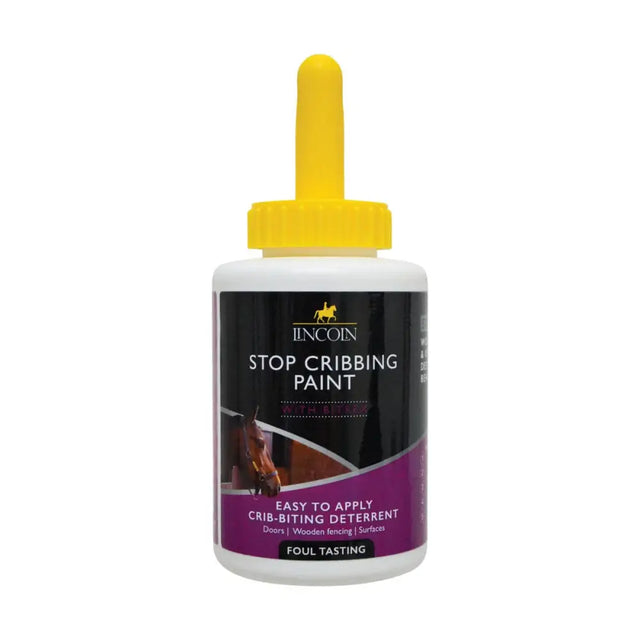 White plastic bottle with bright yellow dropper cap labeled lincoln stop cribbing paint for deterring crib-biting