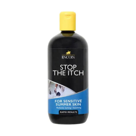 Black plastic lincoln stop the itch bottle with yellow cap for soothing itch relieving on sensitive summer skin