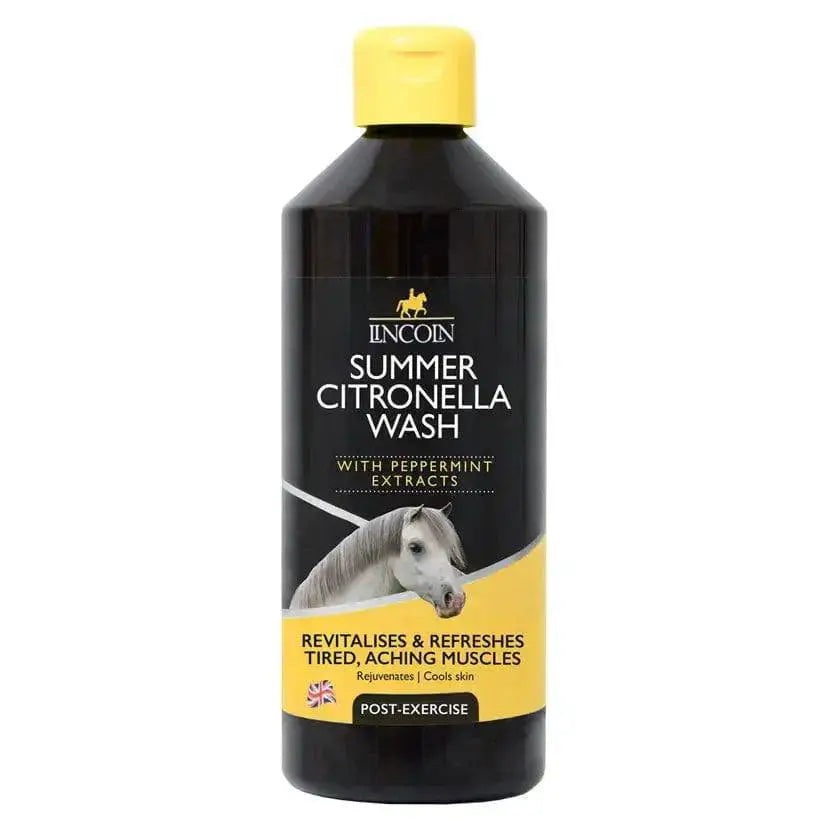 Black plastic bottle with yellow cap and label featuring lincoln summer citronella rejuvenating wash design
